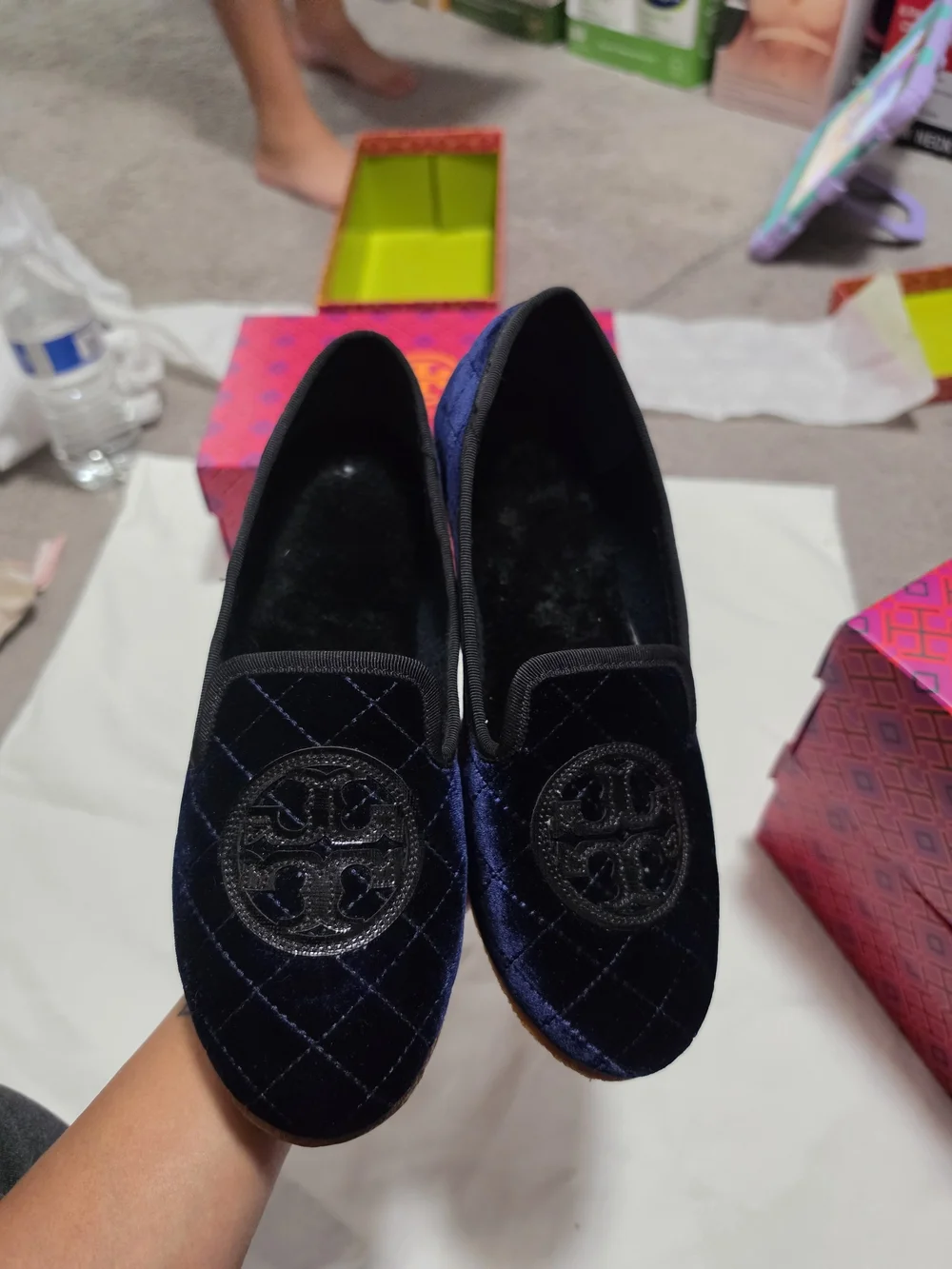Tory Burch Velvet Quilted Navy Blue Women’s Slip-On Loafers Size 8